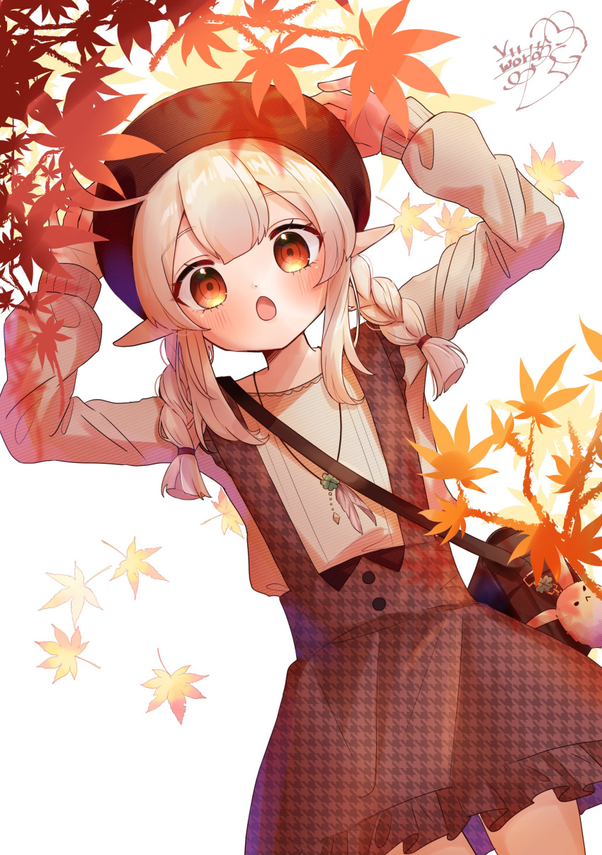 1girl :o absurdres adjusting_clothes adjusting_headwear ahoge alternate_costume alternate_hairstyle arms_behind_back arms_on_head autumn_leaves bag bag_charm bangs braid brown_sweater casual charm_(object) chestnut_mouth commentary contemporary dodoco_(genshin_impact) eyebrows_visible_through_hair feather_necklace frilled_skirt frills genshin_impact hair_between_eyes handbag hat highres hiroi_world klee_(genshin_impact) leaf light_brown_hair long_hair long_sleeves looking_at_viewer low_twintails maple_leaf orange_eyes plaid plaid_skirt pointing sidelocks simple_background skirt solo stuffed_animal stuffed_toy suspender_skirt suspenders sweater twin_braids twintails white_background