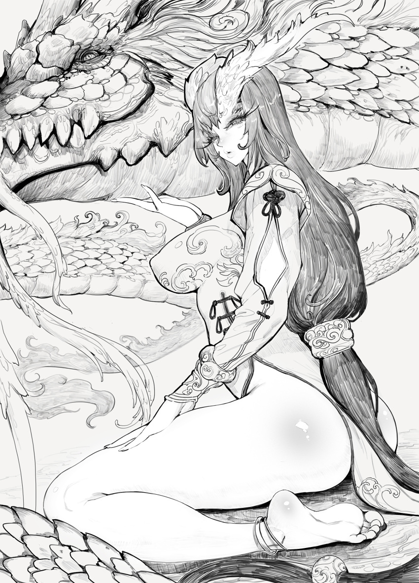 1girl absurdres anklet ass barefoot china_dress chinese_clothes covered_nipples dragon dragon_girl dress eyelashes highres jeffr jewelry kneeling legs lips long_hair looking_at_viewer low_ponytail monochrome original scales shiny shiny_skin side-tie_costume side_slit sketch solo very_long_hair