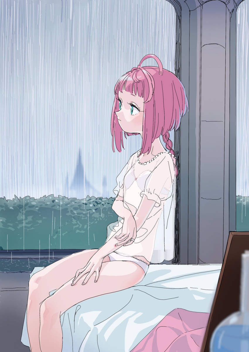 1girl bed blue_eyes castle hedge highres kaede_(shijie_heping) original picture_(object) pink_hair potion rain see-through short_hair sitting underwear