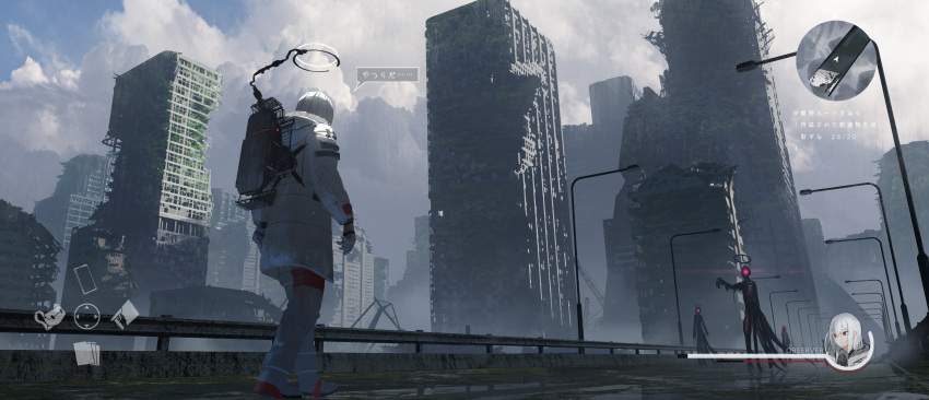 1girl 6+others absurdres asteroid_ill building clouds cloudy_sky coat fake_screenshot full_body gloves guard_rail heads-up_display health_bar highres lamppost long_sleeves mechanical_halo minimap monster multiple_others observer_(asteroid_ill) original outdoors road sky standing street walking white_coat white_gloves white_hair
