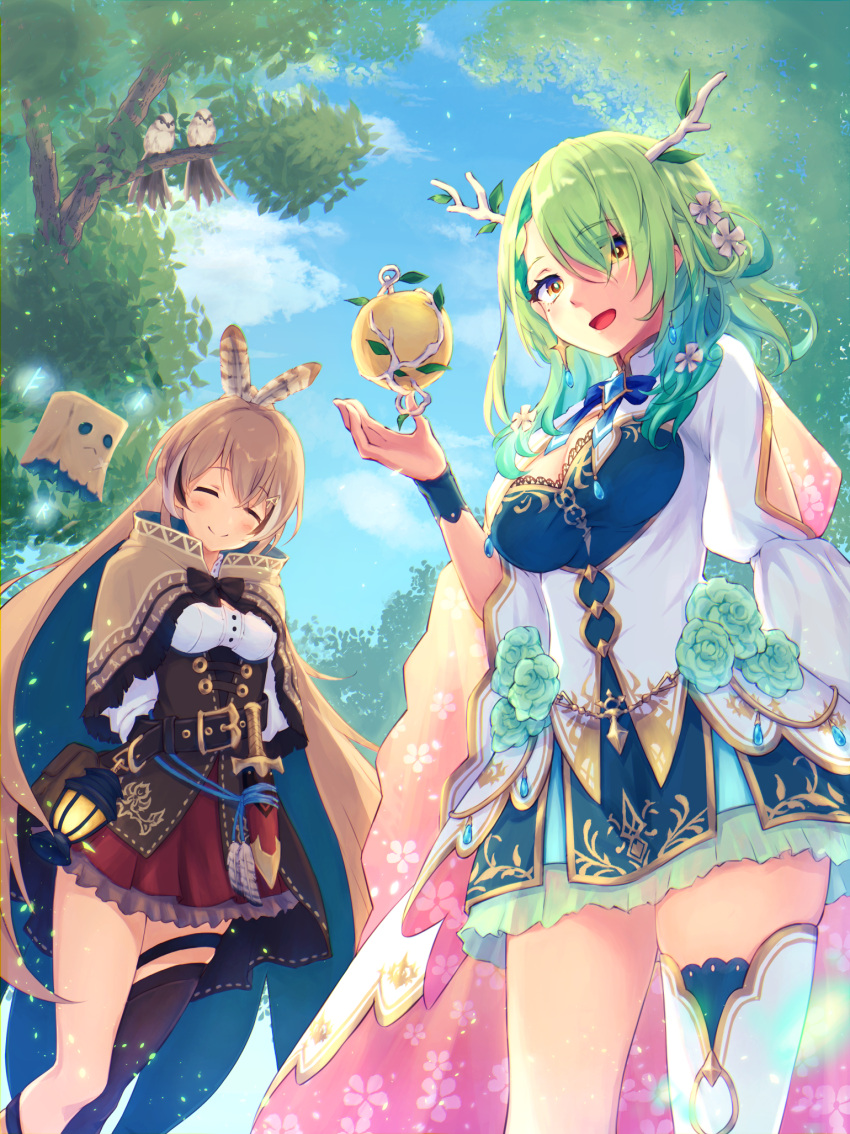 2girls :d =_= antlers aonikuro arms_behind_back asymmetrical_legwear blush brown_hair ceres_fauna closed_mouth feet_out_of_frame friend_(nanashi_mumei) green_hair highres hololive hololive_english looking_at_viewer multiple_girls nanashi_mumei open_mouth smile uneven_legwear virtual_youtuber