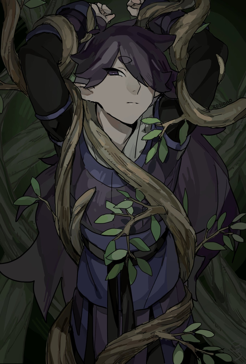 1boy arms_up drruraguchi expressionless eyebrows_visible_through_hair fengxi_(the_legend_of_luoxiaohei) hair_over_one_eye highres leaf looking_at_viewer plant pointy_ears solo the_legend_of_luo_xiaohei