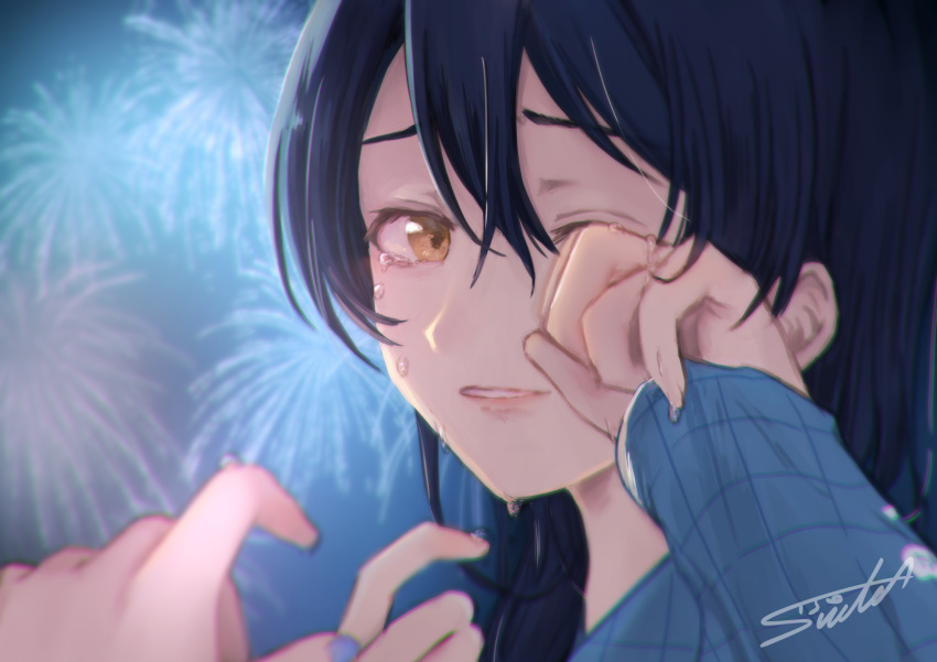 1girl bangs blue_hair blush commentary_request crying crying_with_eyes_open finger_to_eye fireworks hand_up highres long_hair long_sleeves love_live! love_live!_school_idol_project one_eye_closed outdoors rubbing_eyes solo_focus sonoda_umi suito swept_bangs tears wiping_tears yellow_eyes