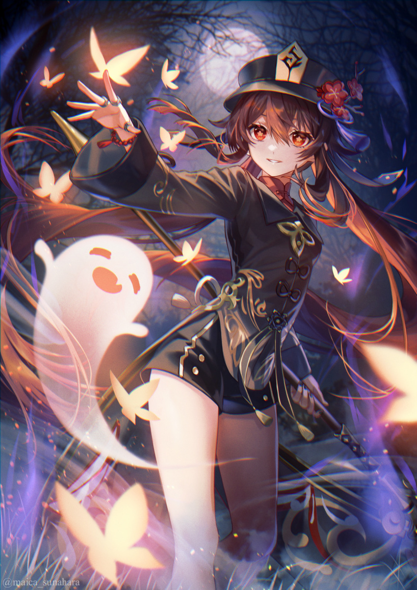 1girl artist_name bangs black_headwear black_nails black_shorts brooch brown_hair bug butterfly coattails collared_coat collared_shirt cowboy_shot flower flower-shaped_pupils genshin_impact ghost grin hair_between_eyes hat hat_flower hat_ornament highres holding holding_staff holding_weapon hu_tao_(genshin_impact) jewelry long_hair long_sleeves looking_at_viewer maica_sunahara moon moonlight night plum_blossoms porkpie_hat red_eyes ring shirt shorts smile solo staff staff_of_homa_(genshin_impact) standing symbol-shaped_pupils talisman tassel twintails vision_(genshin_impact) watermark weapon