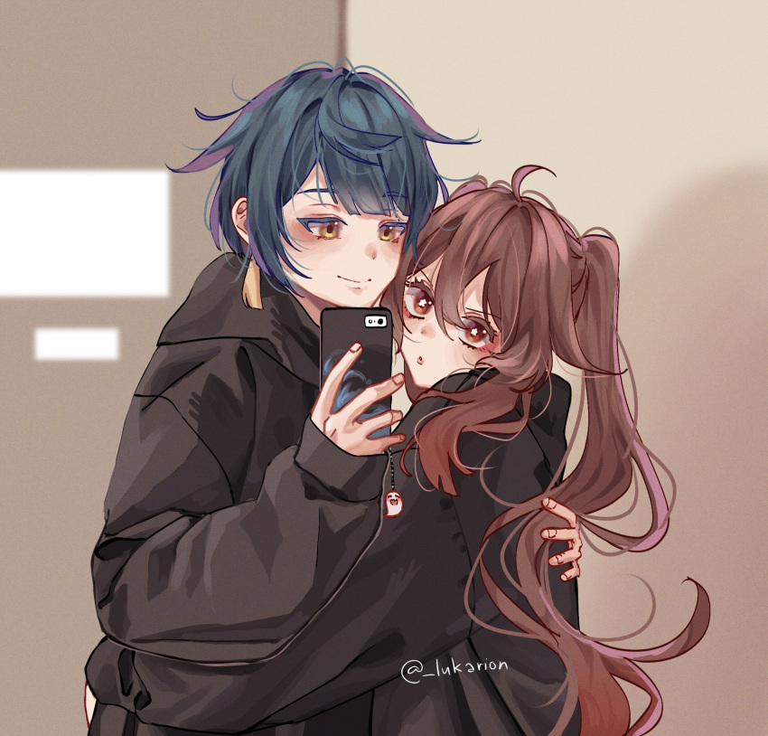 1boy 1girl ahoge black_hoodie blue_hair brown_hair cellphone_charm charm_(object) earrings flower-shaped_pupils genshin_impact hetero highres holding holding_phone hood hood_down hoodie hu_tao_(genshin_impact) jewelry long_hair lukarion phone red_eyes symbol-shaped_pupils tassel tassel_earrings twintails twitter_username upper_body very_long_hair xingqiu_(genshin_impact) yellow_eyes