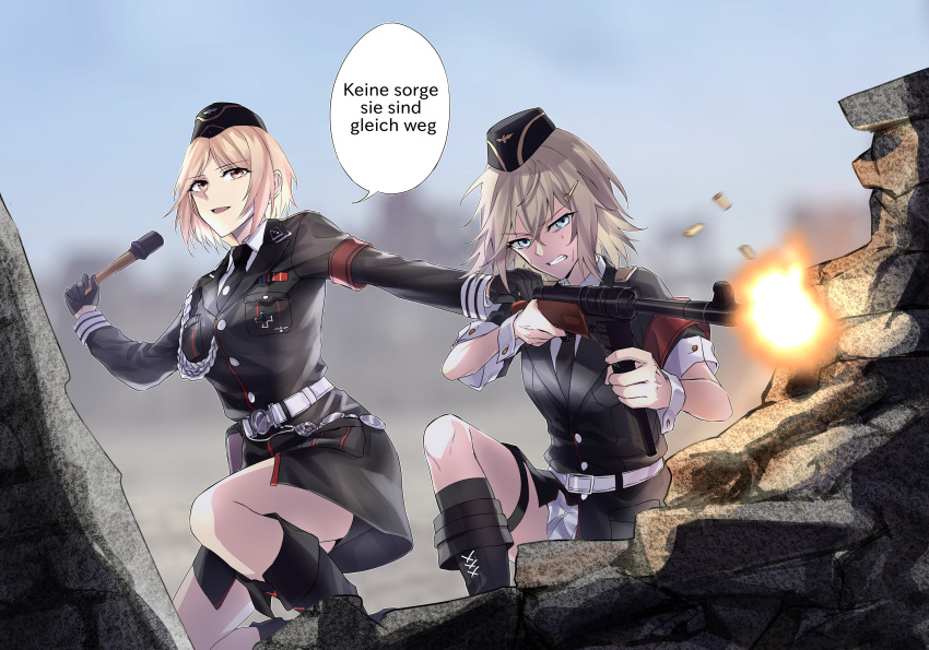 2girls absurdres blonde_hair blue_eyes boots combat_boots commission english_commentary explosive garrison_cap german_text girls_frontline grenade gun hat highres holding holding_grenade holding_gun holding_weapon iron_cross military military_uniform mp40_(girls'_frontline) mp41 mp41_(girls'_frontline) multiple_girls nazi pixiv_request submachine_gun suprii translation_request uniform weapon yellow_background
