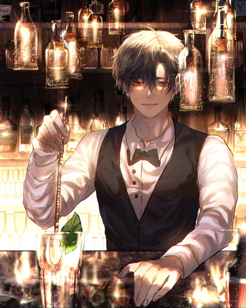 1boy alcohol bangs bartender black_bow black_bowtie black_hair black_vest bottle bow bowtie champagne closed_mouth cup drinking_glass eujerian highres holding holding_spoon long_sleeves looking_at_viewer male_focus original shirt short_hair smile solo spoon stirring vest white_shirt wine wine_bottle wine_glass