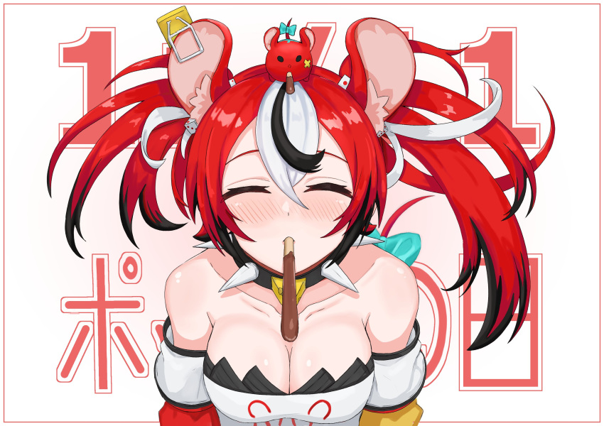 1girl animal_ears black_hair blue_ribbon blush collar commentary_request dice_hair_ornament food hair_ornament hakos_baelz highres hololive hololive_english kuon_bb mouse_ears mouse_girl mouse_tail mousetrap multicolored_hair pocky pocky_day redhead ribbon solo spiked_collar spikes streaked_hair tail tail_ornament tail_ribbon twintails virtual_youtuber white_hair