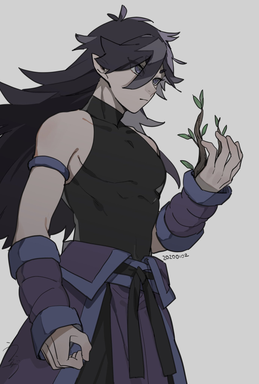 1boy black_hair black_shirt cowboy_shot dated drruraguchi fengxi_(the_legend_of_luoxiaohei) grey_background hair_between_eyes highres leaf long_hair plant pointy_ears shirt simple_background sleeveless sleeveless_shirt solo the_legend_of_luo_xiaohei