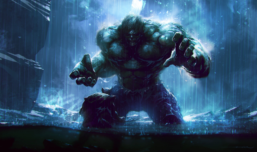 2boys absurdres blue_pants bodysuit claws colored_skin english_commentary fighting green_skin height_difference highres horns hulk kalmahul looking_at_another male_focus marvel multiple_boys muscular muscular_male night pants rain scenery short_hair standing wading water wolverine