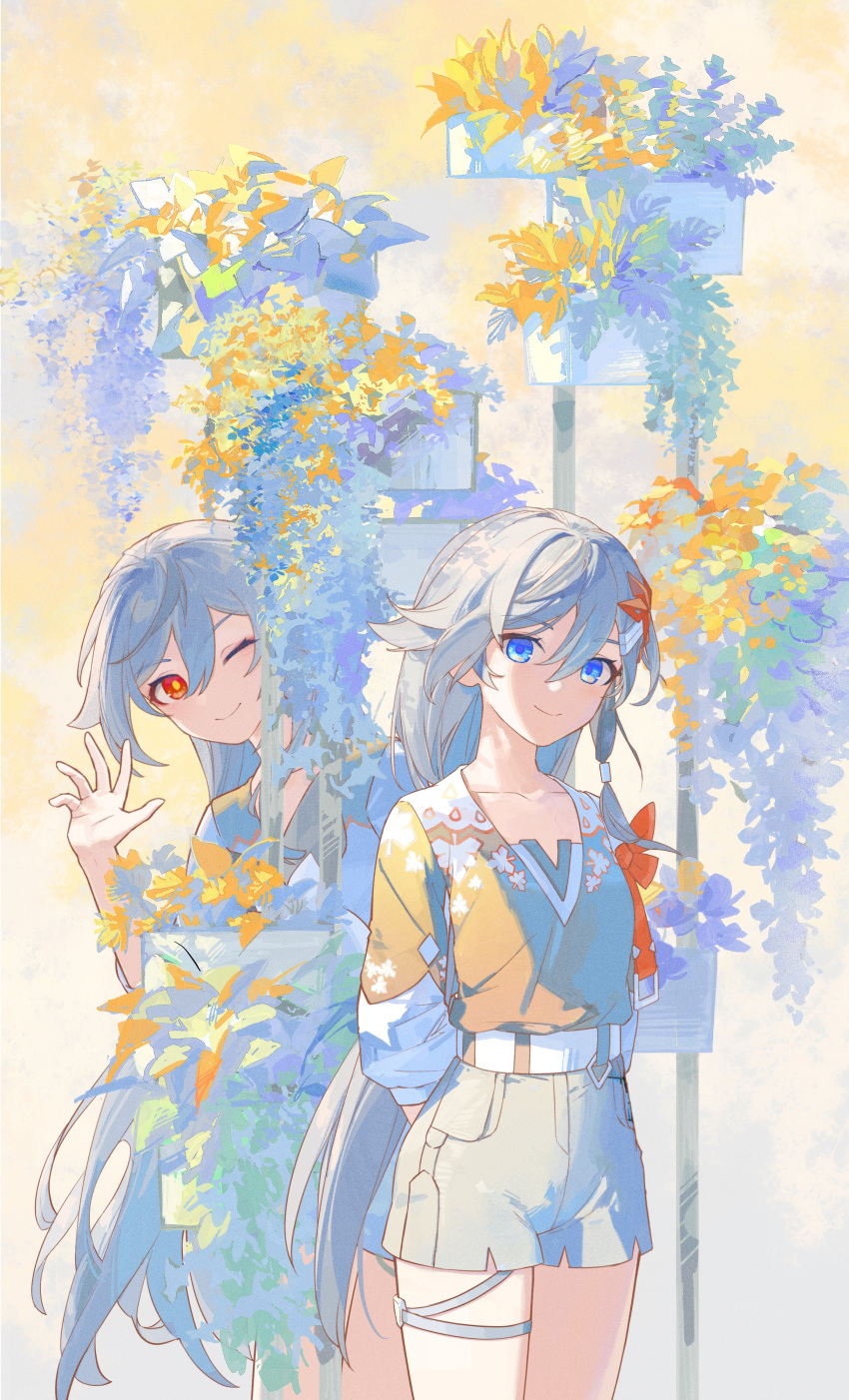 2girls absurdres bangs black_hair blue_eyes blue_shorts casual closed_mouth dual_persona flower fu_hua fu_hua_(herrscher_of_sentience) hair_between_eyes hair_ornament highres honkai_(series) honkai_impact_3rd leaf long_hair looking_at_viewer multiple_girls one_eye_closed ponytail rafaelaaa red_eyes shirt shorts sleeves_past_elbows smile vase waving yellow_shirt