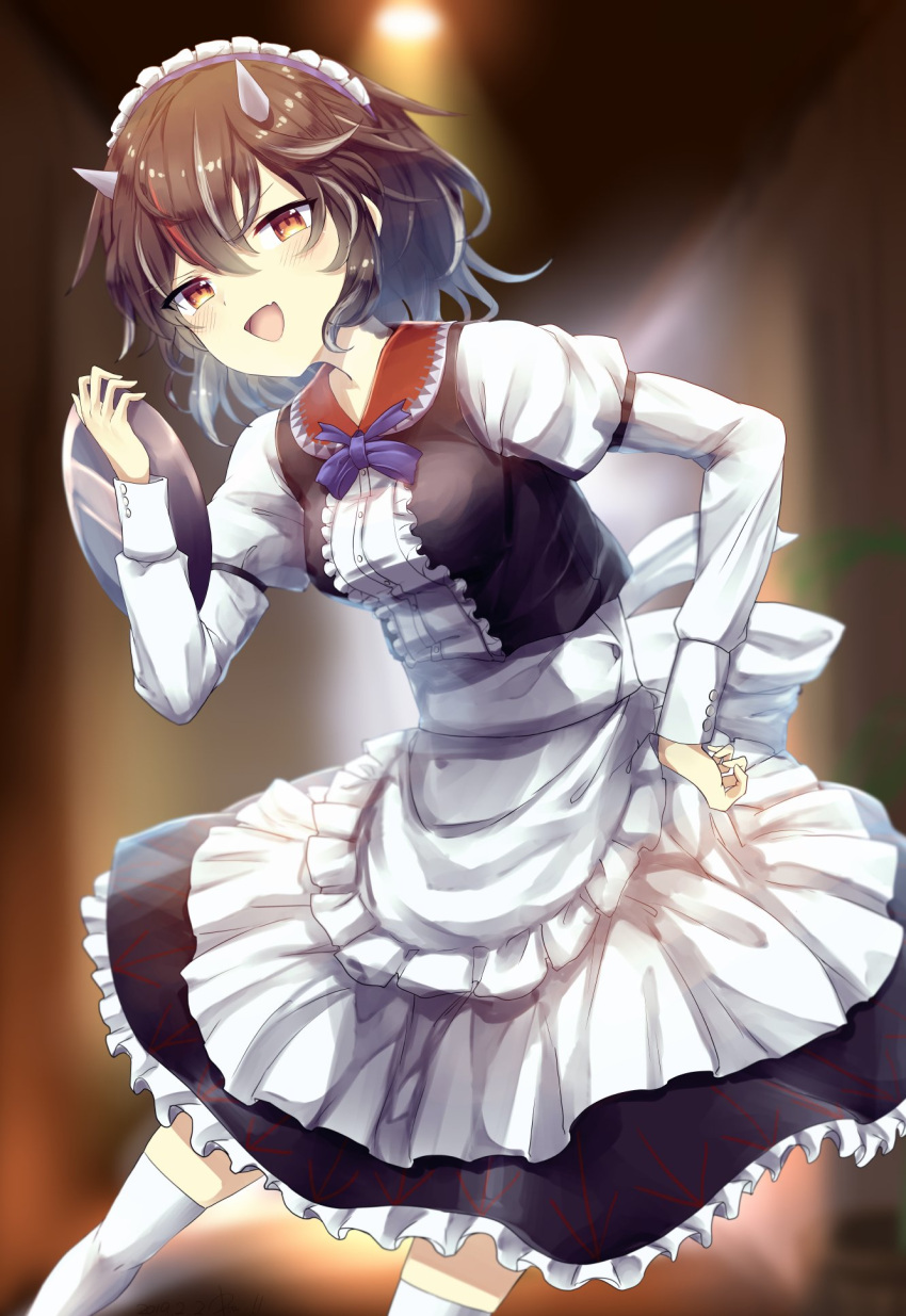 1girl alternate_costume apron arm_up armband backlighting black_vest blue_ribbon blurry blush breasts brown_hair commentary_request contrapposto depth_of_field enmaided eyelashes fang frilled_skirt frills hand_on_hip head_tilt highres holding holding_tray horns juliet_sleeves kijin_seija kisamu_(ksmz) leaning_forward long_sleeves looking_at_viewer maid maid_headdress medium_breasts multicolored_hair neck_ribbon open_mouth puffy_sleeves red_eyes ribbon shirt short_hair skin_fang skirt solo streaked_hair thigh-highs touhou tray vest waist_apron white_legwear white_shirt