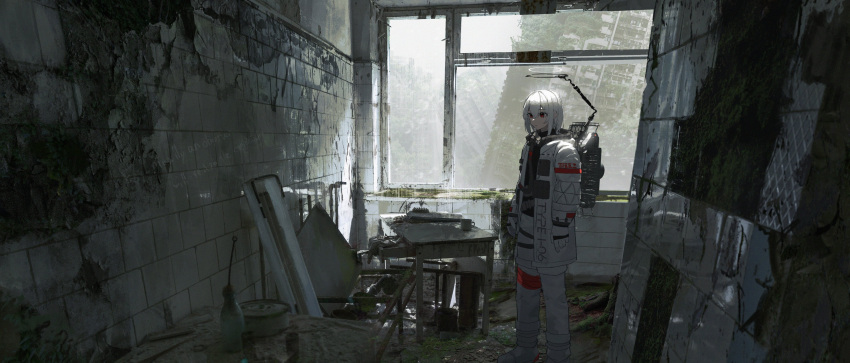 1girl absurdres asteroid_ill bangs coat expressionless feet_out_of_frame gloves hair_between_eyes halo highres indoors long_sleeves mechanical_halo observer_(asteroid_ill) open_clothes open_coat original red_eyes ruins solo standing white_coat white_hair