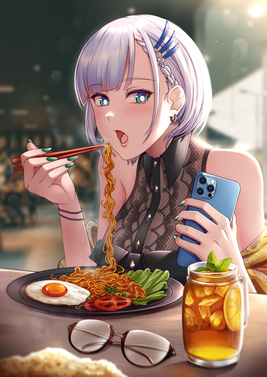 1girl absurdres blue_eyes blueriest blush chopsticks earrings english_commentary eyebrows_visible_through_hair eyewear_removed food_request glasses green_nails highres holding holding_chopsticks holding_phone hololive hololive_indonesia jewelry nail_polish pavolia_reine phone silver_hair sitting virtual_youtuber