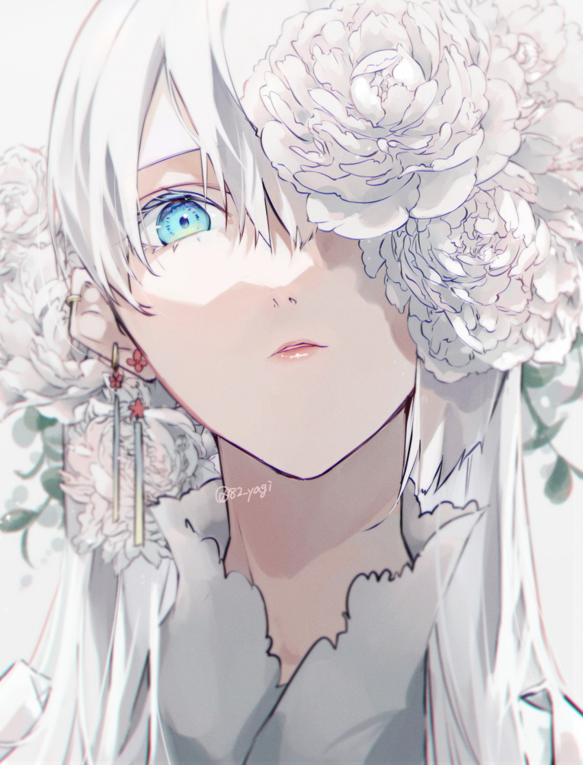 1girl asymmetrical_hair bangs blue_eyes english_commentary face flower highres lipstick long_hair looking_at_viewer makeup one_eye_covered original peony_(flower) portrait sidelocks solo white_background white_flower white_hair white_theme yagi_(shiro_yagi)