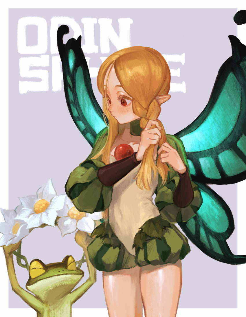 1girl absurdres blonde_hair blush braid butterfly_wings closed_mouth domodesu dress fairy flower frog highres long_hair mercedes_(odin_sphere) odin_sphere pointy_ears puffy_sleeves red_eyes twin_braids wings