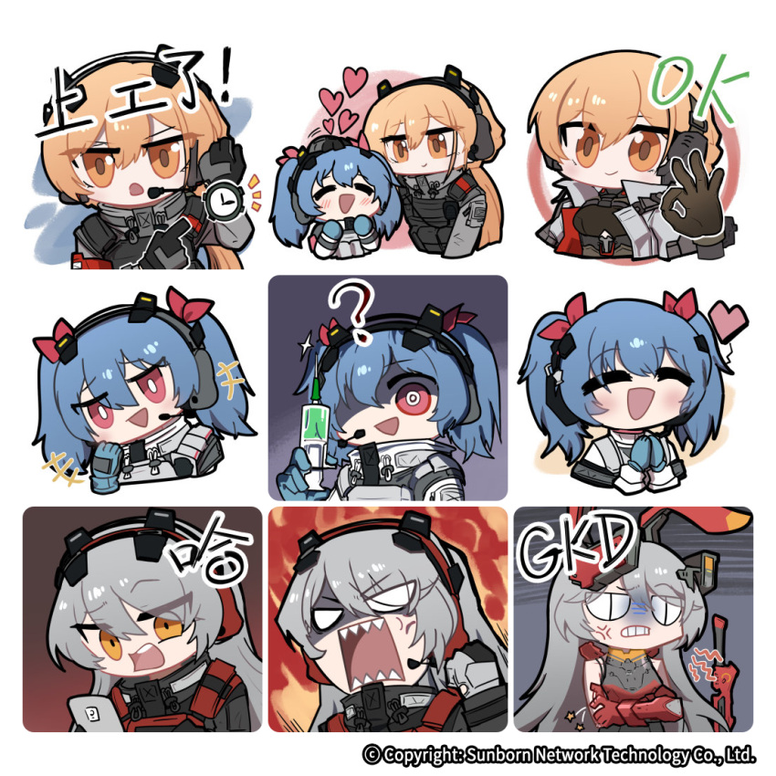 3girls ? anger_vein angry animal_ears bangs black_gloves blonde_hair blue_gloves blue_hair blush bunny_hair_ornament charolic_(girls'_frontline_2) chibi colphne_(girls'_frontline_2) commentary_request eyebrows_visible_through_hair fake_animal_ears girls'_frontline_2:_exilium gloves grey_hair hair_between_eyes hair_ornament hair_ribbon happy headpat headset heart long_hair long_sleeves looking_at_viewer madcore medium_hair military military_uniform multiple_girls ok_sign orange_eyes ots-14_(girls'_frontline) red_eyes red_ribbon ribbon sharp_teeth smile syringe teeth translation_request twintails uniform upper_body watch