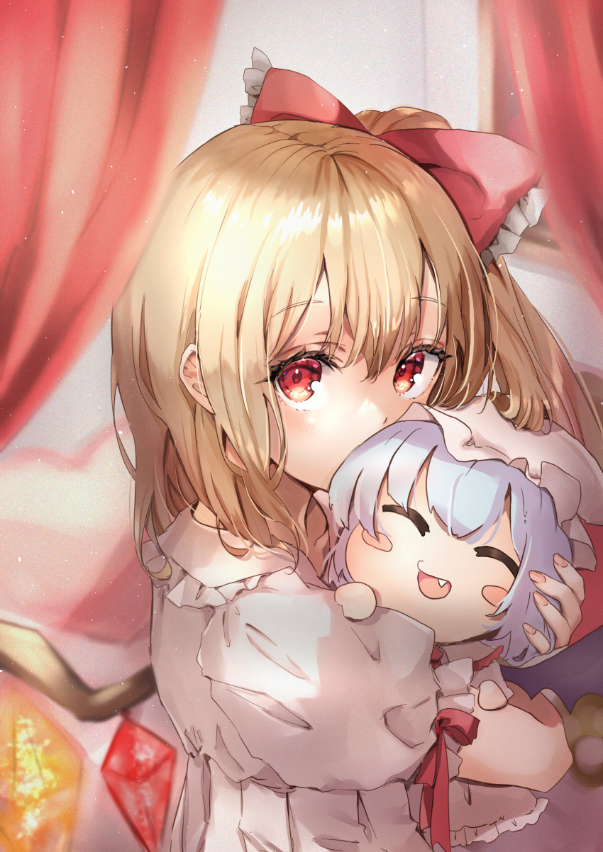 2girls absurdres bangs blonde_hair blush blush_stickers bow character_doll commentary_request crystal eyebrows_visible_through_hair eyelashes fang fang_out fingernails flandre_scarlet frilled_bow frilled_shirt frills hair_between_eyes hair_bow headwear_removed highres hug multicolored_wings multiple_girls no_hat no_headwear objectification on_bed one_side_up puffy_short_sleeves puffy_sleeves purple_hair red_bow red_curtains red_eyes remilia_scarlet shironeko_yuuki shirt short_hair short_sleeves siblings side_ponytail sisters sitting touhou vest_removed white_shirt wings