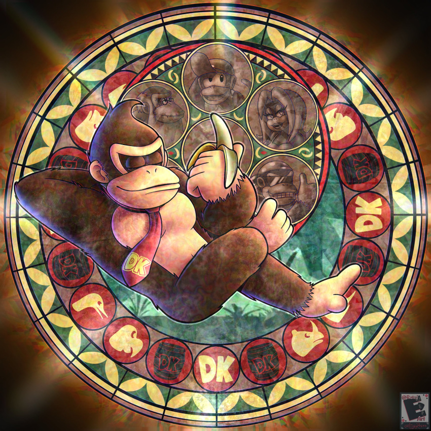 amyroser banana candy_kong closed_eyes cranky_kong crossed_legs diddy_kong donkey_kong donkey_kong_(series) english_commentary food fruit funky_kong gorilla highres holding holding_food holding_fruit kingdom_hearts logo necktie no_humans parody red_necktie sleeping solo super_smash_bros. watermark