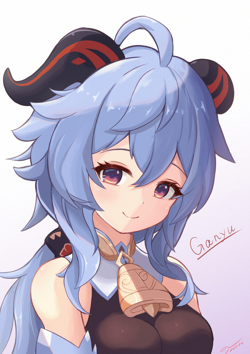 ahoge artist_name bangs bare_shoulders bell blue_hair blush bow bowtie breasts character_name curled_horns detached_sleeves ganyu_(genshin_impact) genshin_impact highres horns long_hair looking_at_viewer low_ponytail medium_breasts neck_bell sidelocks smile solo unishaho violet_eyes