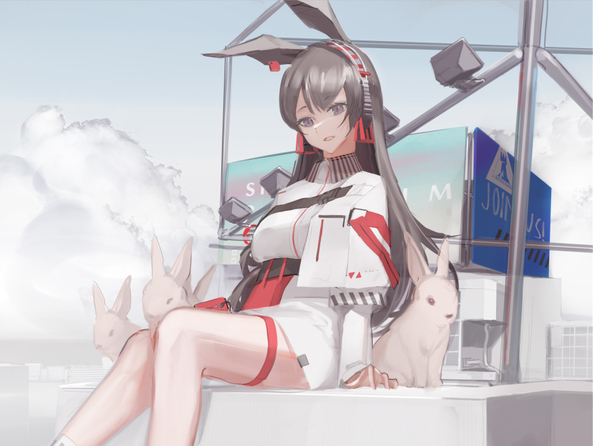 1girl animal animal_ears april_(arknights) arknights bangs brown_hair clouds ear_ornament headgear highres kneepits ledge long_hair parted_bangs parted_lips rabbit rabbit_ears rabbit_girl rooftop shirt sin9 sitting sky solo thigh_strap violet_eyes white_shirt