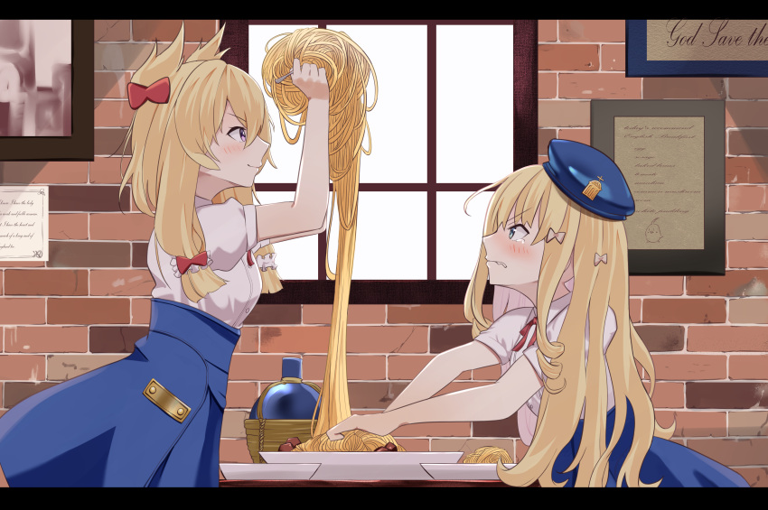 2girls absurdres azur_lane beret blonde_hair blue_eyes blue_skirt blush bottle bow brick_wall buttons castle_of_cagliostro closed_mouth collared_shirt commentary_request food frown hair_bow hat high-waist_skirt highres indoors letterboxed looking_at_another multiple_girls neck_ribbon official_alternate_costume pasta pink_bow plate queen_elizabeth_(azur_lane) queen_elizabeth_(queen_of_the_campus)_(azur_lane) red_bow red_ribbon ribbon scene_reference shirt short_sleeves skirt smile spaghetti tearing_up violet_eyes warspite_(azur_lane) wavy_mouth white_shirt window yomare