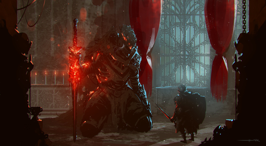 1other 2boys absurdres ambiguous_gender ashen_one_(dark_souls_3) curtains dark_souls_(series) dark_souls_iii flaming_sword flaming_weapon glowing glowing_eyes height_difference helm helmet highres holding holding_shield holding_sword holding_weapon hood hood_up indoors kalmahul kneeling knight lorian_(elder_prince) lothric_(younger_prince) multiple_boys robe shield shiny sword torn_clothes weapon