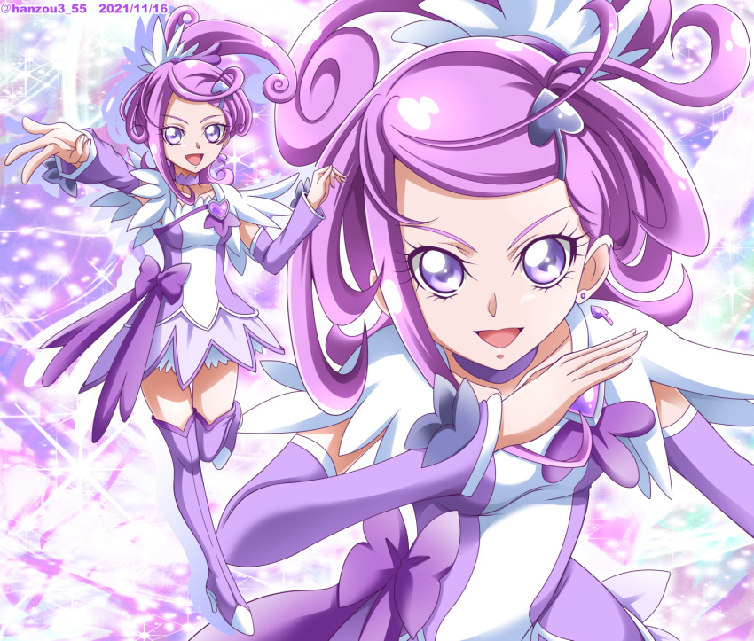 1girl arm_warmers boots breasts brooch choker collarbone cure_sword dated dokidoki!_precure earrings eyebrows forehead frills full_body hair_ornament hanzou high_ponytail highres jewelry kenzaki_makoto magical_girl open_mouth precure purple_background purple_choker purple_footwear purple_hair purple_skirt ribbon skirt small_breasts smile solo spade_(shape) spade_earrings spade_hair_ornament sparkle_background thigh-highs thigh_boots twitter_username violet_eyes