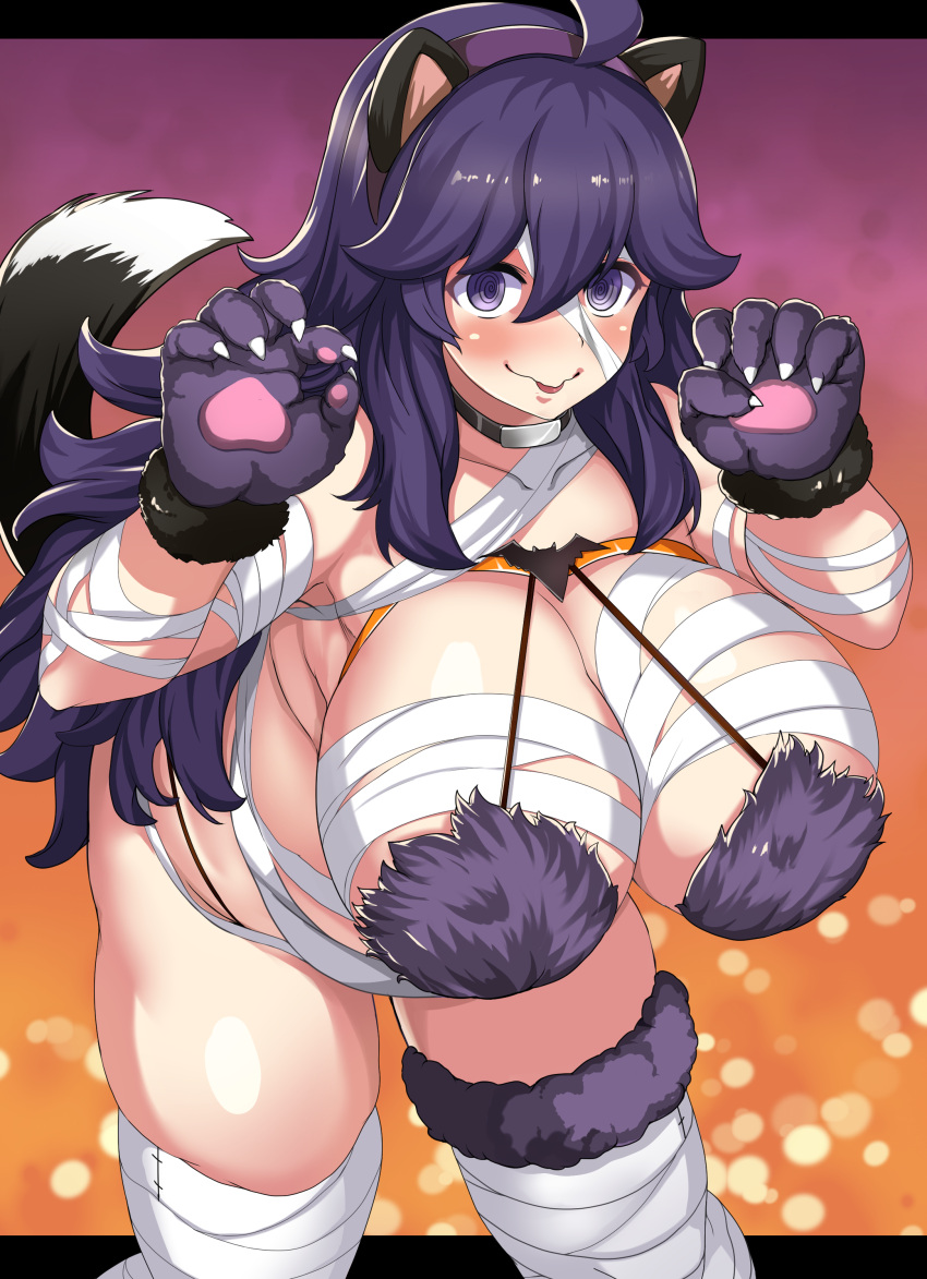 1girl absurdres ahoge animal_ears animal_hands bangs belly bent_over black_tail blush breasts claw_pose collar commentary_request cowboy_shot curvy fake_animal_ears fake_tail fur_bra gradient gradient_background hair_between_eyes hairband halloween halloween_costume hex_maniac_(pokemon) highres huge_breasts letterboxed light_particles long_hair maki_ikazuya mummy_costume outside_border pink_background plump pokemon pokemon_(game) pokemon_xy purple_fur purple_hair purple_hairband shiny shiny_hair shiny_skin sidelocks skindentation solo tail thigh_strap thighs very_long_hair violet_eyes yellow_background