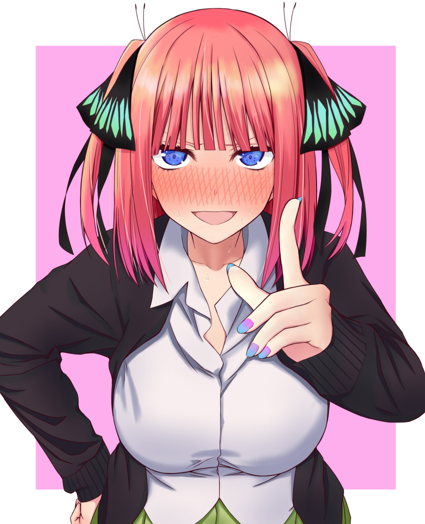1girl :d arm_up bangs black_cardigan black_ribbon blue_eyes blunt_bangs blush breasts butterfly_hair_ornament cardigan embarrassed full-face_blush go-toubun_no_hanayome green_skirt hair_ornament hand_on_hip highres index_finger_raised large_breasts looking_at_viewer multicolored_nails nail_polish nakano_nino open_cardigan open_clothes partially_unbuttoned pink_hair ribbon shirt simple_background skirt sleeves_past_wrists smile twintails u-ta v-shaped_eyebrows white_shirt