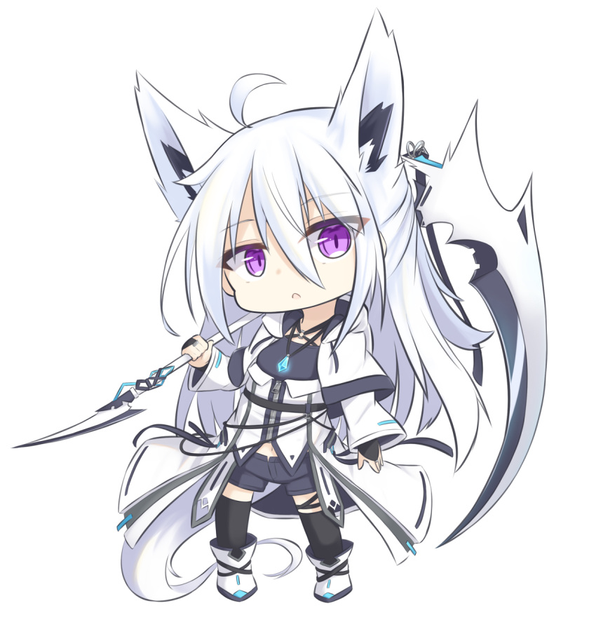 1girl ahoge animal_ear_fluff animal_ears bangs black_shorts boots chibi commentary_request eyebrows_visible_through_hair fox_ears fox_girl fox_tail frown hair_between_eyes highres holding holding_scythe jacket jewelry long_hair looking_at_viewer midriff navel original pendant scythe short_shorts shorts sidelocks simple_background solo tail thigh-highs violet_eyes white_background white_footwear white_hair white_jacket yukishiro_haku