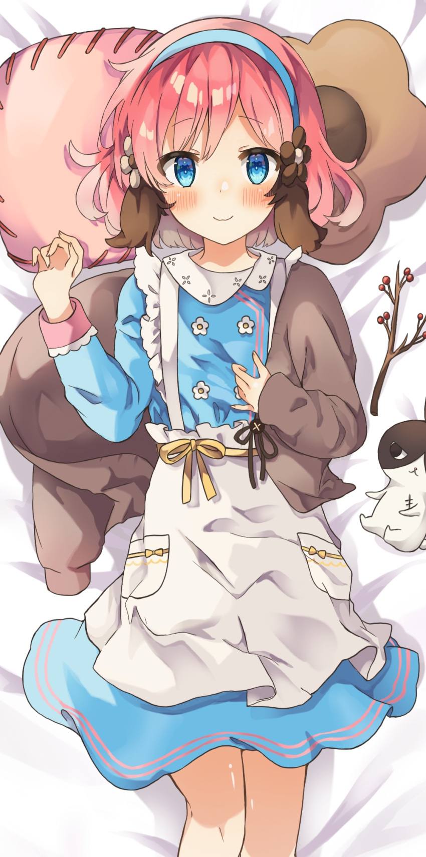 1girl animal animal_ears apron bangs bed_sheet blue_dress blue_eyes blue_hairband blush branch character_request commentary_request copyright_request dog_ears dress dress_flower eyebrows_visible_through_hair feet_out_of_frame grey_apron hair_ornament hairband highres long_sleeves lying on_back orange_ribbon pink_hair redhead ribbon smile solo waist_apron yuno_(suke_yuno)