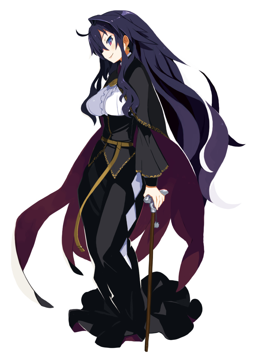 1girl absurdres black_hair blue_eyes cane cape dress dronia harada_takehito highres long_hair official_art refrain_no_chika_meikyuu_to_majo_no_ryodan simple_background smile solo transparent_background very_long_hair