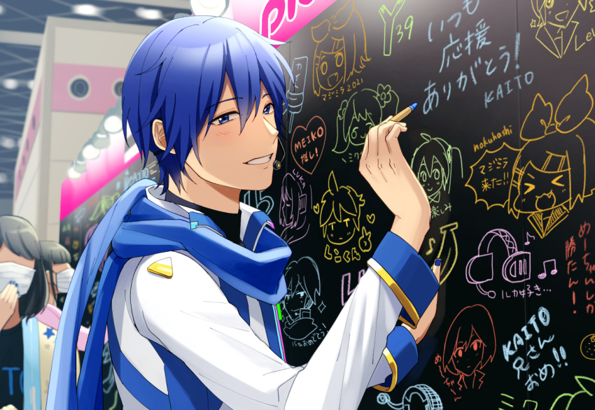 1boy :d blue_eyes blue_hair chalkboard crayon faceless faceless_female hatsune_miku kagamine_len kagamine_rin kaito_(vocaloid) long_sleeves mask megurine_luka meiko mouth_mask nokuhashi scarf short_hair smile solo_focus vocaloid writing