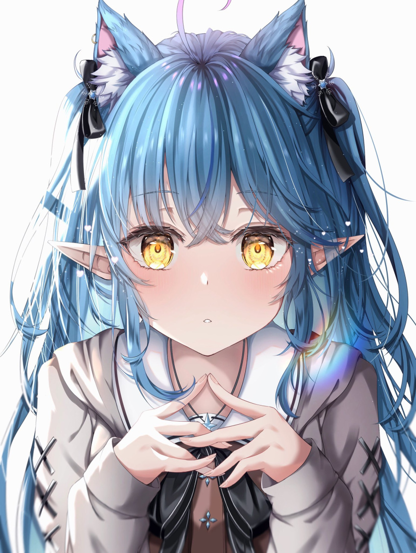 1girl ahoge animal_ear_fluff animal_ears bangs black_bow black_bowtie black_ribbon blue_hair bow bowtie brown_shirt cat_ears commentary_request extra_ears eyebrows_visible_through_hair grey_jacket hair_ribbon hands_up highres hololive jacket kasakai_hikaru long_hair long_sleeves looking_at_viewer multicolored_hair parted_lips pocky_day pointy_ears ribbon shirt simple_background solo streaked_hair two_side_up upper_body virtual_youtuber white_background yellow_eyes yukihana_lamy