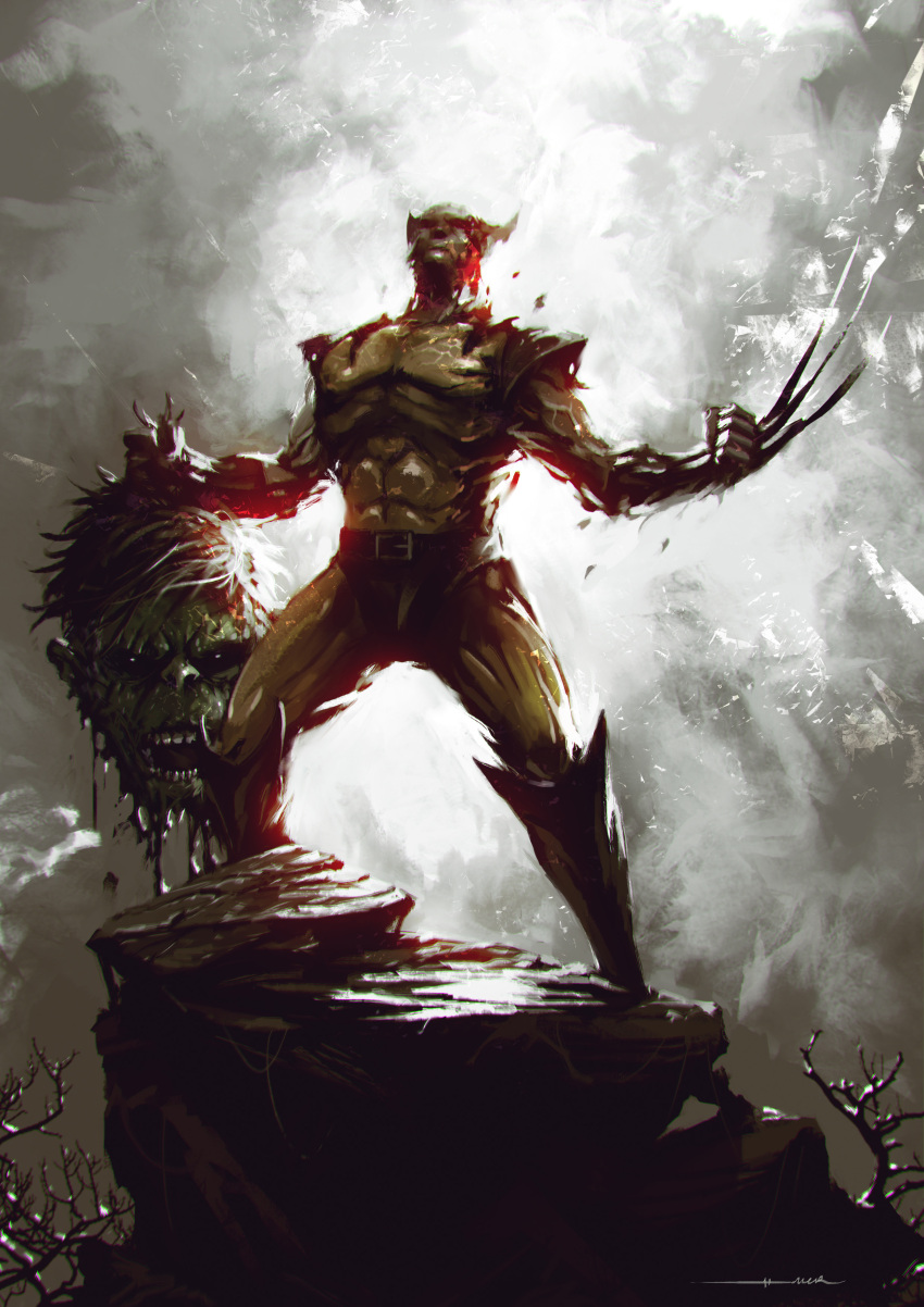 absurdres belt blood bodysuit boots brown_background claws colored_skin covered_abs dismemberment english_commentary facing_up green_skin guro highres holding_head hulk kalmahul knee_boots marvel mask muscular muscular_male short_hair standing teeth white_background wolverine yellow_bodysuit