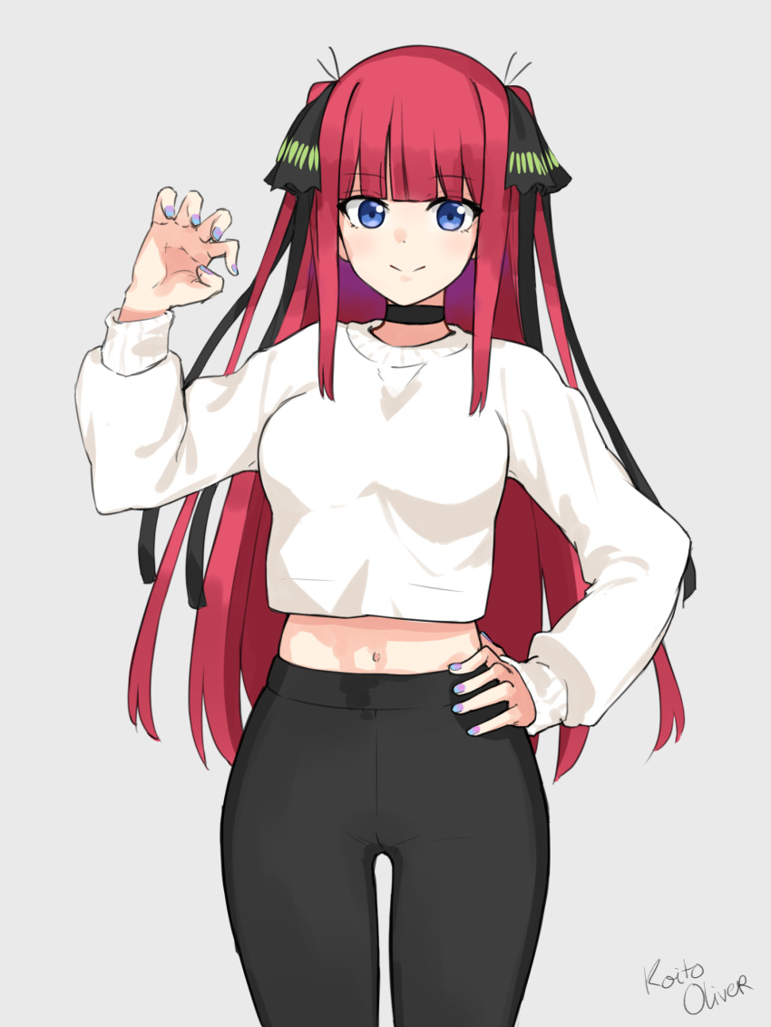 1girl arm_up bangs beige_sweater black_choker black_legwear black_ribbon blue_eyes blunt_bangs breasts butterfly_hair_ornament choker claw_pose go-toubun_no_hanayome grey_background hair_ornament hand_on_hip highres hime_cut large_breasts long_hair looking_at_viewer midriff midriff_peek multicolored_nails nail_polish nakano_nino navel oliver_koito pants pink_hair ribbon signature simple_background sleeves_past_wrists smile thick_thighs thighs twintails yoga_pants