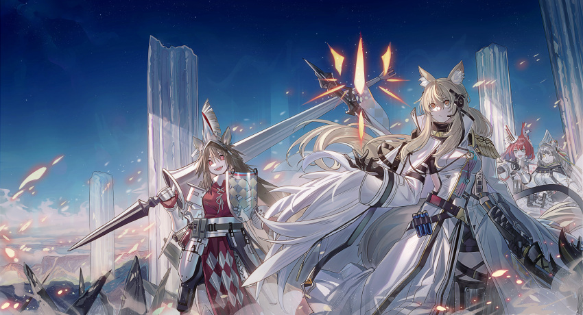 4girls absurdres animal_ear_fluff animal_ears arknights armor ashlock_(arknights) black_gloves blonde_hair blue_sky breasts brown_hair coat dress echj flametail_(arknights) gauntlets gloves helmet highres holding holding_polearm holding_weapon horse_ears implied_extra_ears lance long_hair medium_breasts multiple_girls nearl_(arknights) nearl_the_radiant_knight_(arknights) official_alternate_costume one_eye_closed open_mouth originium_(arknights) originium_arts_(arknights) outdoors polearm red_dress red_eyes ruins shield sidelocks sky squirrel_ears vial weapon white_coat wild_mane_(arknights) yellow_eyes