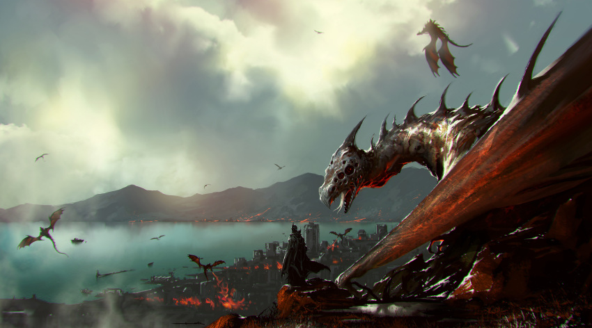 1other absurdres ambiguous_gender attack breathing_fire city clouds cloudy_sky dragon dy extra_eyes fire highres kalmahul mountainous_horizon ocean original riding scenery sky standing sunlight tongue tongue_out wings wyvern