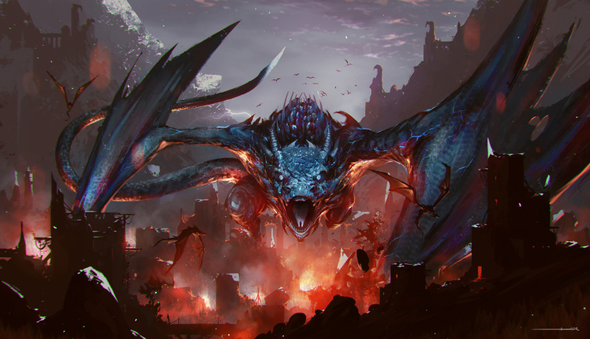 absurdres animal bird black_sclera colored_sclera dragon english_commentary fire glowing glowing_eyes grey_eyes highres horns kalmahul looking_at_viewer mountain no_humans open_mouth outdoors remnants_of_naezith ruins signature size_difference statue teeth tongue wings wyvern
