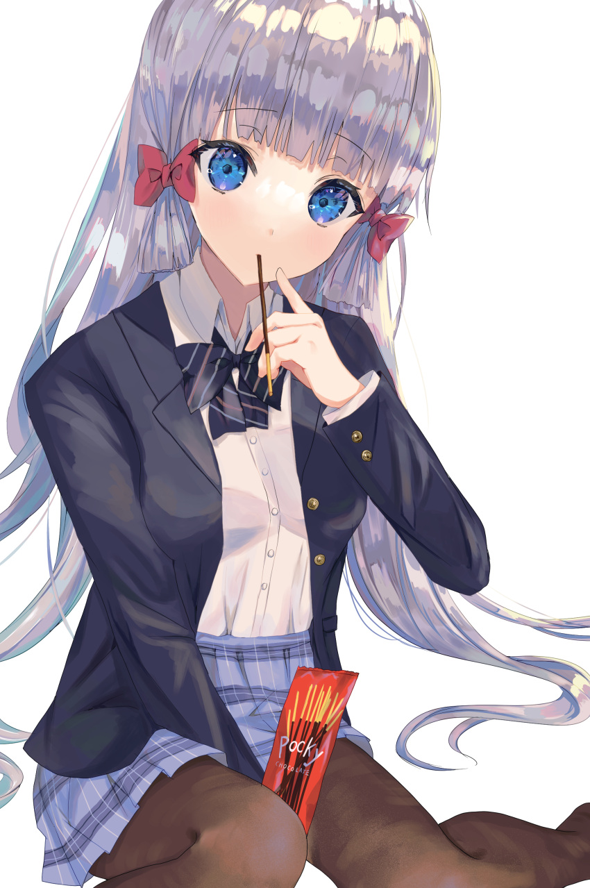 1girl absurdres alternate_costume bangs black_legwear blazer blue_eyes blunt_bangs bow bowtie commentary_request contemporary eating eyebrows_visible_through_hair genshin_impact hair_bow hair_ribbon highres index_finger_raised isuzu_(an_icy_cat) jacket kamisato_ayaka long_hair long_sleeves looking_at_viewer mouth_hold pantyhose plaid plaid_skirt pocky_day pointing pointing_at_self ponytail ribbon school_uniform sidelocks silver_hair simple_background sitting skirt solo tress_ribbon white_background