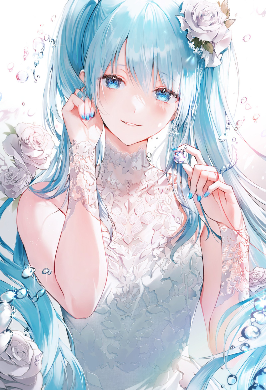 1girl 2sham apron bangs bare_shoulders blue_eyes blue_hair blue_nails blush bubble dress earrings eyebrows_visible_through_hair flower hair_between_eyes hair_flower hair_ornament hands_up hatsune_miku highres holding jewelry long_hair looking_at_viewer nail_polish playing_with_own_hair rose sleeveless sleeveless_dress solo twintails upper_body vocaloid white_dress white_flower white_rose