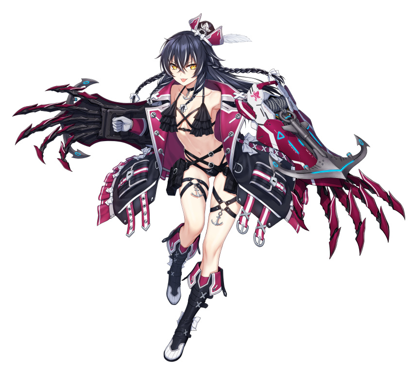1girl absurdres alpha_transparency anchor artist_request bangs bare_shoulders bikini black_bikini black_choker black_hair black_legwear boots braid breasts choker collarbone counter_side draco_(counter_side) eyebrows_visible_through_hair feathers full_body gloves highres long_hair navel off_shoulder official_art open_clothes solo swimsuit tachi-e thigh_strap tongue tongue_out transparent_background white_gloves yellow_eyes