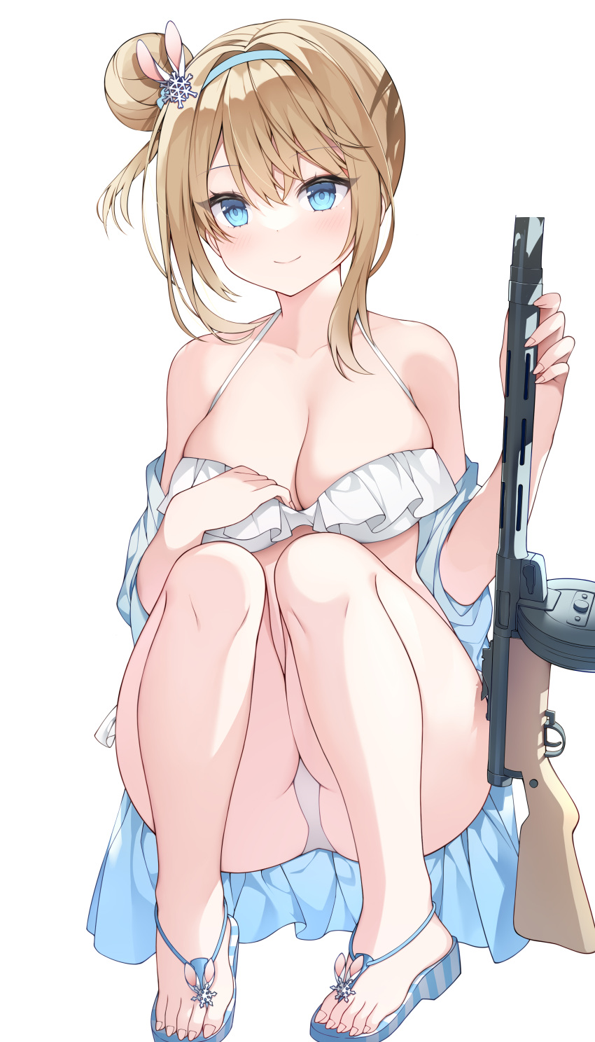 1girl absurdres bikini blue_eyes blue_hairband breasts chinese_commentary collarbone commentary_request feet frilled_bikini frills girls_frontline gun hair_ornament hairband highres jyt legs light_brown_hair long_hair medium_breasts one_side_up revision sandals sidelocks simple_background snowflake_hair_ornament solo submachine_gun suomi_(girls'_frontline) suomi_kp/-31 swimsuit thighs toes weapon white_background white_bikini