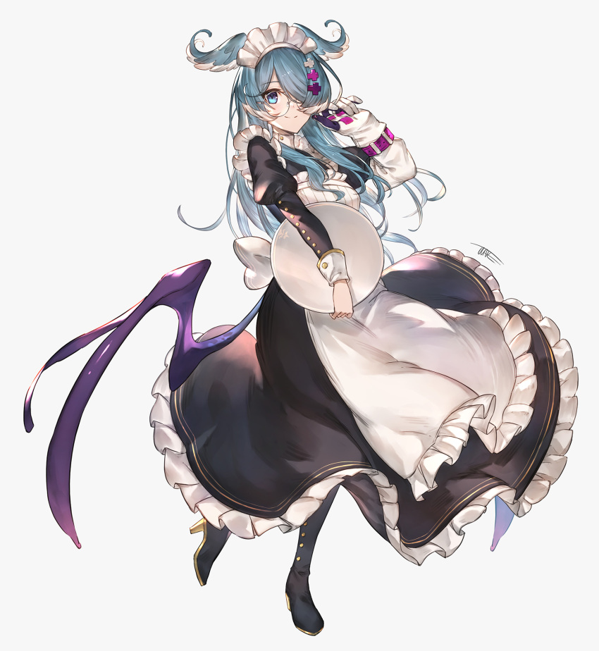 1girl apron bespectacled black_dress black_footwear blue_eyes blue_hair boots dragon_girl dragon_wings dress elira_pendora frilled_apron frills full_body glasses gloves hair_between_eyes hair_ornament hair_over_one_eye hairclip head_wings high_heels highres holding holding_tray jun_wei knee_boots long_hair long_sleeves looking_at_viewer low_wings maid maid_headdress nijisanji nijisanji_en one_eye_covered signature simple_background single_glove smile solo standing tray virtual_youtuber white_apron white_background white_gloves white_headdress wings