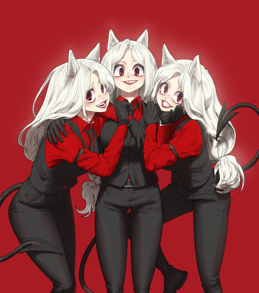 3girls absurdres animal_ears arm_garter black_gloves black_pants black_tail black_vest cerberus_(helltaker) demon_girl demon_tail dog_ears dog_girl feet_out_of_frame ghdwid gloves hand_on_another's_shoulder helltaker highres long_hair long_sleeves multiple_girls open_mouth pants parted_lips red_background red_eyes red_shirt shadow shirt simple_background smile tail triplets very_long_hair vest white_hair