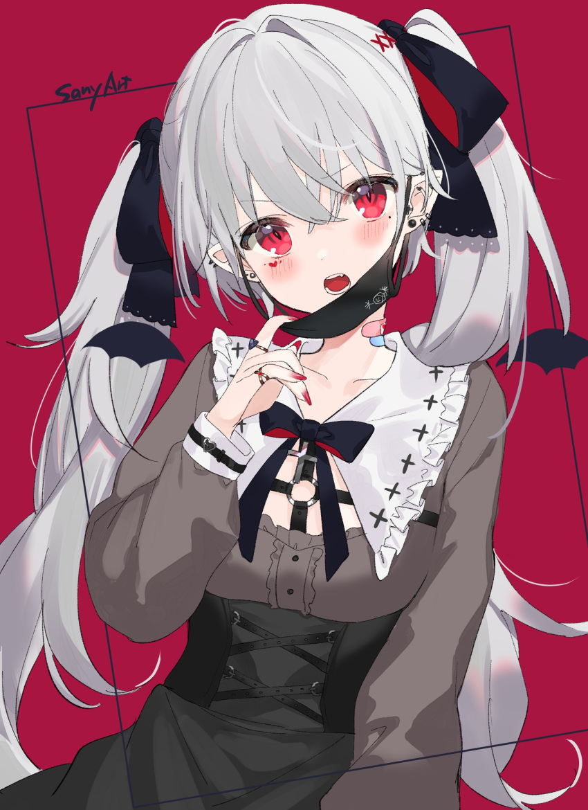 1girl absurdres bandaid bangs barbell_piercing black_corset black_wings bow corset eyebrows_visible_through_hair facial_mark fang genderswap genderswap_(mtf) grey_hair hair_between_eyes hair_bow heart highres jewelry kuzuha_(nijisanji) long_sleeves looking_at_viewer mask mask_pull mouth_mask nail_polish nijisanji o-ring open_mouth piercing red_background red_eyes ring ron_(illro) shirt solo twintails virtual_youtuber white_hair wings