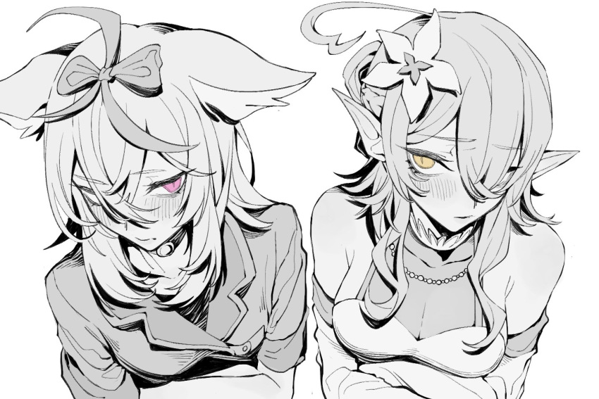 2girls ahoge animal_ears bangs bare_shoulders blush bow breasts choker closed_mouth commentary_request crossed_arms dress eyebrows_visible_through_hair flower fox_ears greyscale hair_between_eyes hair_bow hair_flower hair_ornament hair_over_one_eye hololive jacket jewelry kakult2017 long_hair long_sleeves looking_at_another medium_breasts monochrome multiple_girls necklace omaru_polka pointy_ears short_sleeves spot_color upper_body violet_eyes virtual_youtuber yellow_eyes yukihana_lamy