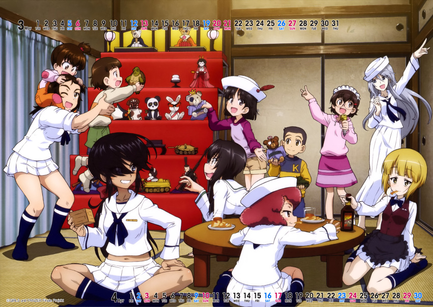 1boy 6+girls :d absurdres apron arms_up bangs black_hair black_legwear black_necktie blonde_hair bow bowtie box brown_eyes brown_hair brown_shorts calendar_(medium) carrying cookie cutlass_(girls_und_panzer) doll door eating eyebrows_visible_through_hair fang flint_(girls_und_panzer) food food_in_mouth girls_und_panzer glass glasses green_skirt hair_between_eyes hair_ornament highres hinamatsuri holding holding_box holding_doll indian_style indoors kawashima_momo long_skirt midriff_peek multiple_girls murakami_(girls_und_panzer) navel necktie official_art ogin_(girls_und_panzer) one_eye_closed ooarai_naval_school_uniform ooarai_school_uniform open_mouth orange_overalls overalls piggyback pink_shirt plate pleated_skirt purple_shirt red_vest redhead rum_(girls_und_panzer) sailor_collar scan school_uniform serafuku shirt short_hair shorts silver_hair sitting skirt sleeves_rolled_up smile socks standing stuffed_animal stuffed_toy table tan_shirt tatami toy toy_tank vest waitress white_headwear white_sailor_collar white_shirt white_skirt