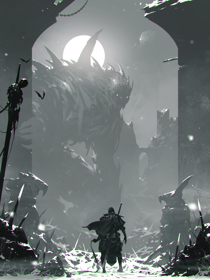1other absurdres ambiguous_gender boots bridge cape corpse from_behind giant glowing glowing_eyes greyscale highres holding kalmahul looking_at_another monochrome monster moon original scenery short_hair solo standing statue weapon weapon_on_back
